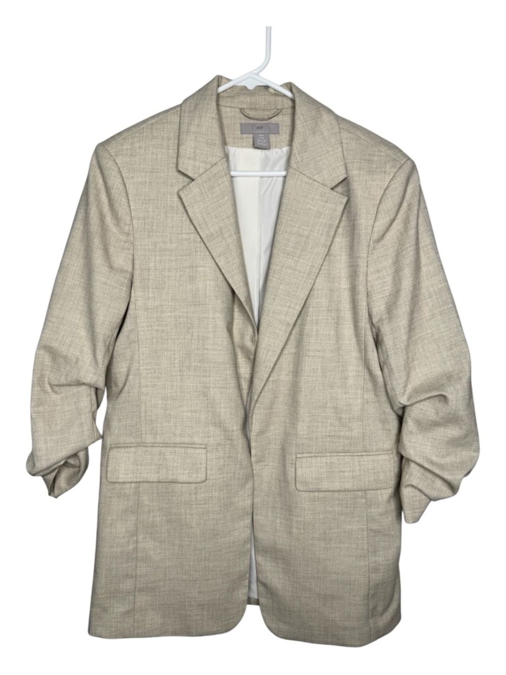 H&M beige oversized blazer open front ruched 3/4 sleeve size Medium